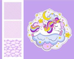 cute unicorn sleeps on the clouds print and 3 seamless pattern for children's clothing design vector