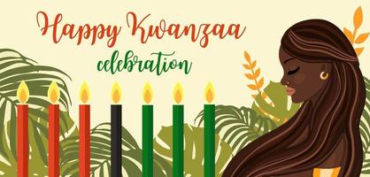 Kwanzaa African American culture tradition celebration design with candles and beautiful black woman. Happy Kwanzaa holiday vector greeting card