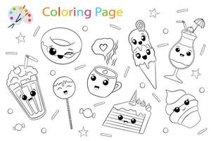 Coloring vector page with cute kawaii sweets characters