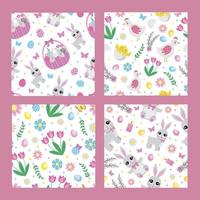 Cute set of Easter seamless patterns with funny cartoon characters and floral elements vector