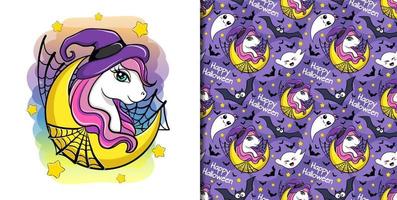 Cute vector cartoon unicorn witch and spider web, halloween character and seamless pattern