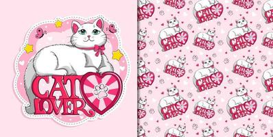 Cat lover slogan with a cute white and fluffy cat patch on clothes Vector cartoon Pattern for wallpaper, children's fabric design
