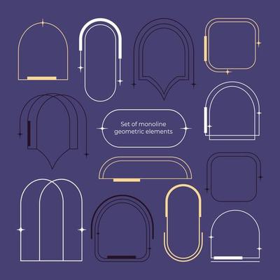 Set of monoline geometric elements. Minimalistic abstract thin lines. For social media posts and stories. Arch, arc, round, ellipse, and square. Boho aesthetic.