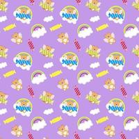 Seamless pattern background of teddy bear with wings and candies on rainbow sky vector