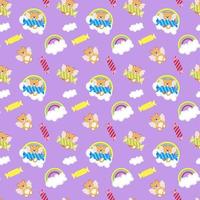 Seamless pattern background of teddy bear with wings and candies on rainbow sky vector