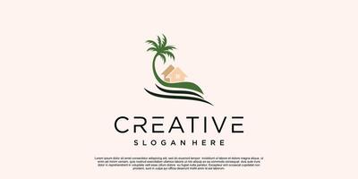 Palm trees emblems combination palm tree and beach logo Premium Vector