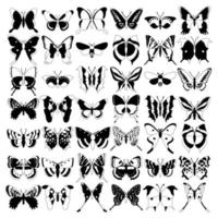 Big set butterflies on a white background, drawing decorative insect, silhouettes hand draw, isolated vector