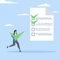 document approval concept, Checklist for completed task, project checkbox or achievement list, businesswoman carrying big tick to complete task for project tracking. vector