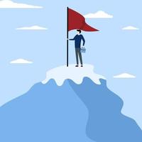 company best performance worker winning concept, Leadership to achieve business goals, career achievement, ambitious entrepreneur leader holding winner flag proudly on mountain top. vector