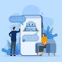 AI assistant support and FAQ concept. asking questions, and receiving answers. Customers in dialogue with chatbots on smartphones. Character chatting with robot, Flat cartoon vector