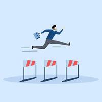 Problem solving motivational concept, Success in winning business competition, overcoming obstacles to achieve company target, Confident business leader jumping over 3 hurdles to become a winner. vector