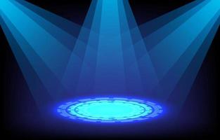Blue neon stage with spotlights. Vector illustration. Stage light, podium, warp gate on futuristic technology concept. Futuristic circle podium for gadget display glow in the dark background.