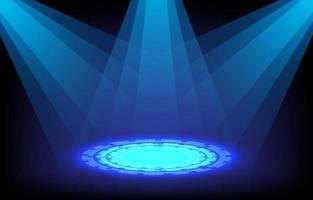 Blue neon stage with spotlights. Vector illustration. Stage light, podium, warp gate on futuristic technology concept. Futuristic circle podium for gadget display glow in the dark background.