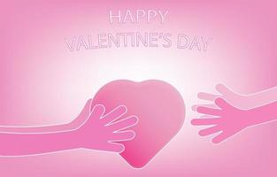 Happy Valentine's Day poster or banner with heart, text and hands on pink background. Symbol of sending, transmission, forwarding, passing with love from one person to another. Background Love Concept vector