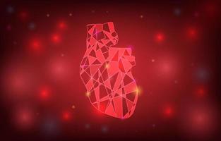 estilo poligonal de ataque al corazón. tecnologías médicas e innovaciones en el cuidado de la salud. Ilustración de vector de corazón abstracto sobre fondo rojo. las partículas del corazón están conectadas en una silueta geométrica.