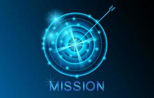 Futuristic mission concept. An arrow and darts target glowing symbols and text. Technology abstract mission vector illustration. Graphic design concept of business mission. Glow in the dark background