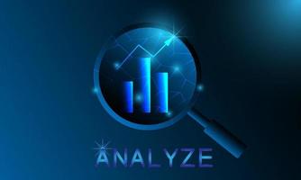 Futuristic analyze concept. Magnifying glass and graph growth glowing symbols and text. Technology abstract analyze vector. Graphic design concept of business analyze. Glow in the dark background. vector