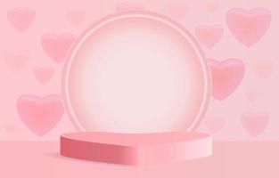 Heart shaped podium on circle and hearts backdrop. Sweet pink pastel concept. Minimal scene for valentine product display presentation, stage for showcase, promotion display. Vector illustration.