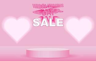 Valentine's Day Sale poster or banner with cute font, neon hearts and podium product display on pink background. Design for promotion and shopping template. Background for Love Valentine's day concept vector