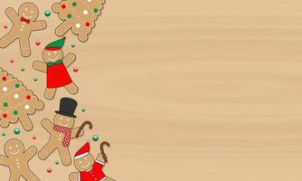 decoraciones de galletas de hombre de pan de jengibre y árbol de Navidad sobre fondo de mesa de textura de madera. diseño estacional para el día de año nuevo, navidad, vacaciones de invierno, tarjeta de felicitación, pancarta. lindo vector de Navidad.