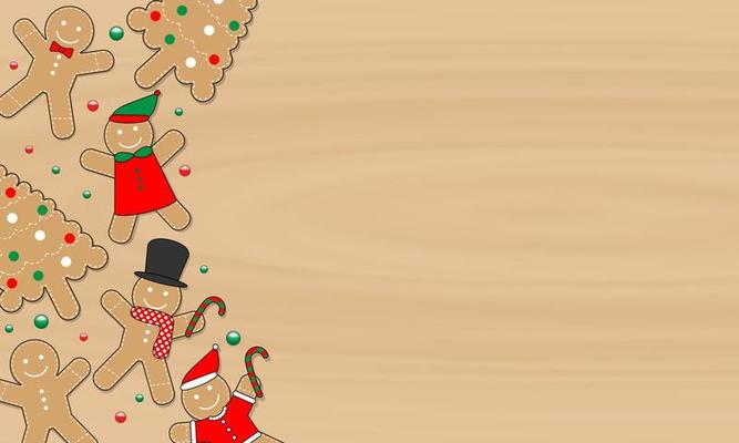 Gingerbread man and Christmas tree cookies decorations on wooden texture table background. Seasonal design for new year's day, Christmas, winter holiday, greeting card, banner. Cute Xmas vector.