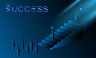 Futuristic success concept. People and the ladder to success goal glowing symbols and text. Technology abstract vector graphic design concept of business success. Glow in the dark background.