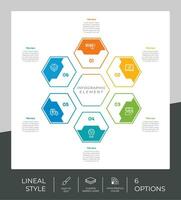 6 opciones de diseño vectorial infográfico de línea con objeto hexagonal para marketing. la infografía opcional se puede utilizar para presentaciones y negocios. vector