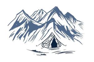 Camping in nature, mountains, hand drawn illustrations vector