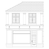 French old Building Facade Coloring page. Two-story front view with large windows. European architecture. PNG Illustration.