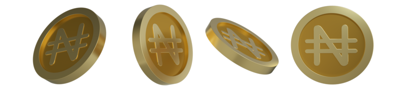 3D rendering of abstract golden Nigerian naira coin concept in different angles. Naira sign design isolated on transparent background png