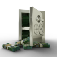 Bundles of Australian dollar in Steel safe box. 3D rendering of stacks of money inside metallic vault isolated. Financial protection concept, financial safety. png
