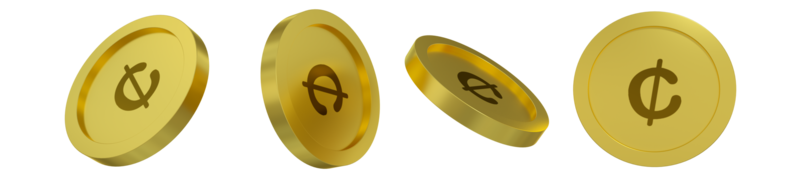 Representación 3d del concepto de moneda cedi ghanés en diferentes ángulos. diseño de letrero cedi aislado sobre fondo transparente png