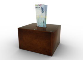 Angolan Kwanza notes inside an open wooden savings box. Generic Bank, Penny Bank, Money Box. 3d rendering