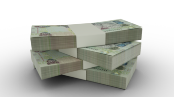 3d tolkning av stack av 1000 förenad arab emirates dirham anteckningar. få buntar av förenad arab emirates valuta isolerat på transparent bakgrund. emirati png