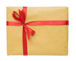 Brown present with sweet bow. Retro parcel with red ribbon for design element and mockups png