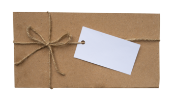 Old brown gift box with rope bow and card for mockups. Retro package for celebration design element png