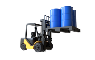 The forklift truck is lifting oil barrels png