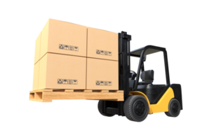 The forklift truck is lifting a pallet with cardboard boxes png