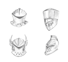 Set of knight's helmets hand drawn in pencil png