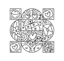 vector valentines logo composición corazón, caja de regalo, sobre, flor, amor texto escrito a mano. constructor monoline dibujado a mano en marco cuadrado para tarjeta de felicitación
