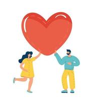 Happy Valentine Day Surprise. Tiny Man and woman are holding Huge Heart Present. Loving Person, Character go to Dating, Seniors Love, Romance Feelings. Cartoon People Vector Illustration
