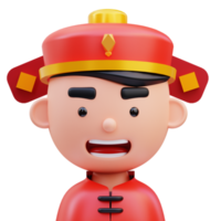 Illustration de rendu 3d d'une icône d'avatar masculin mignon portant un chapeau chinois typique, nouvel an chinois png