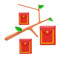 3d render illustration of china envelopes icon on tree branch, chinese new year png