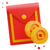 Illustration de rendu 3d de l'icône mignonne d'enveloppe de porcelaine rouge avec pièce d'or, nouvel an chinois png