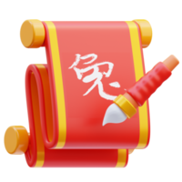 Illustration de rendu 3d de l'icône du rouleau de calligraphie chinoise avec pinceau, année du lapin, nouvel an chinois png