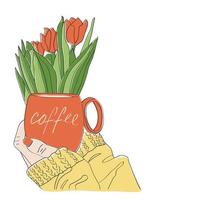 Cup in hands and flowers. Vector coloring book in sketch style.