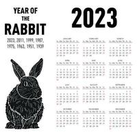 Calendar for 2023 year of the rabbit according to the Chinese calendar. Vector illustration.