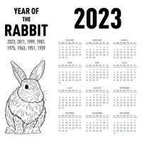 Calendar for 2023 year of the rabbit according to the Chinese calendar. Vector illustration.