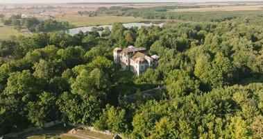 antenne panoramisch visie met uitzicht de oud verlaten paleis of historisch gebouwen in Woud video