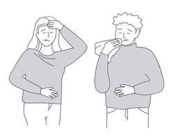 People get sick, sneeze. A woman and a man have migraines, colds, fever, runny nose. Vector art line graphics.